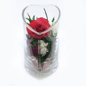 Flowers Red Rose with White Limoniums, Greenery in Heart-Shaped Vase